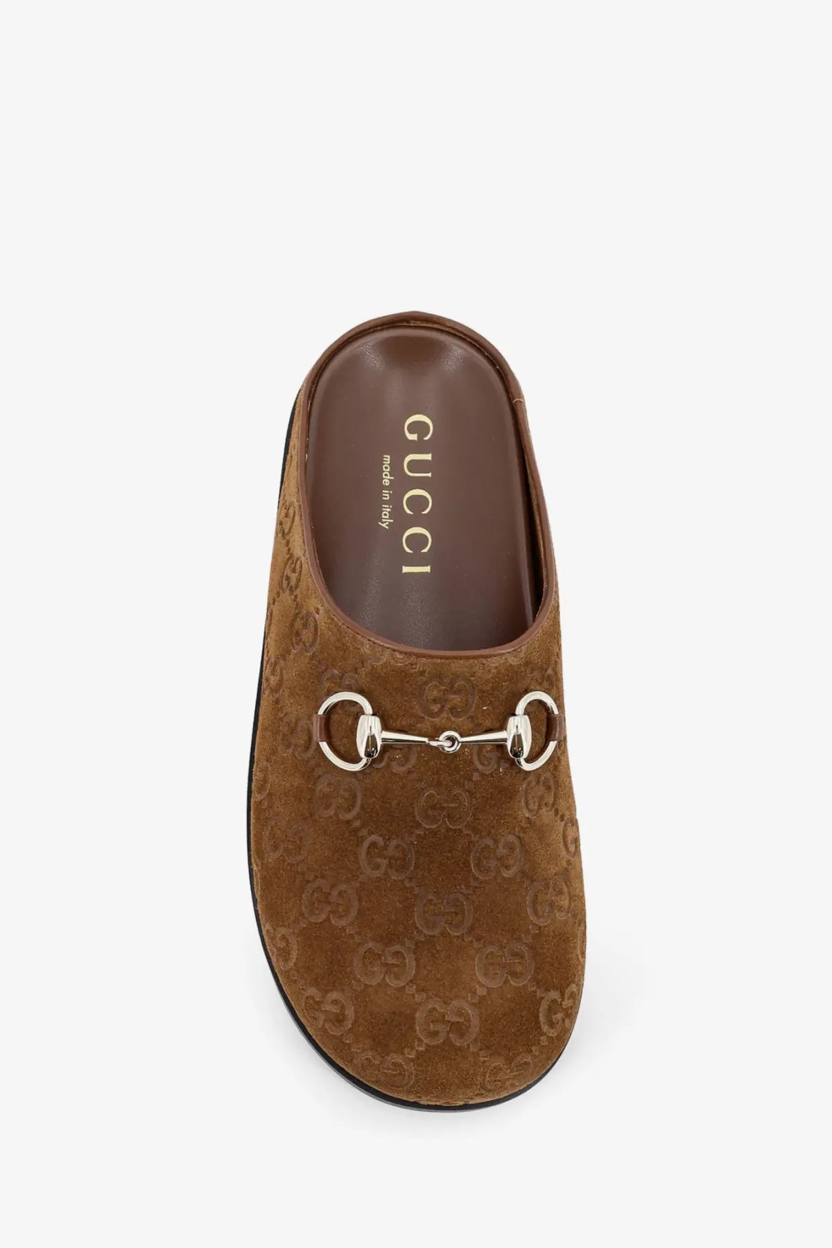 Gucci women’s brown suede mule slip-on sandal with silver horsebit buckle and embossed GG monogram pattern