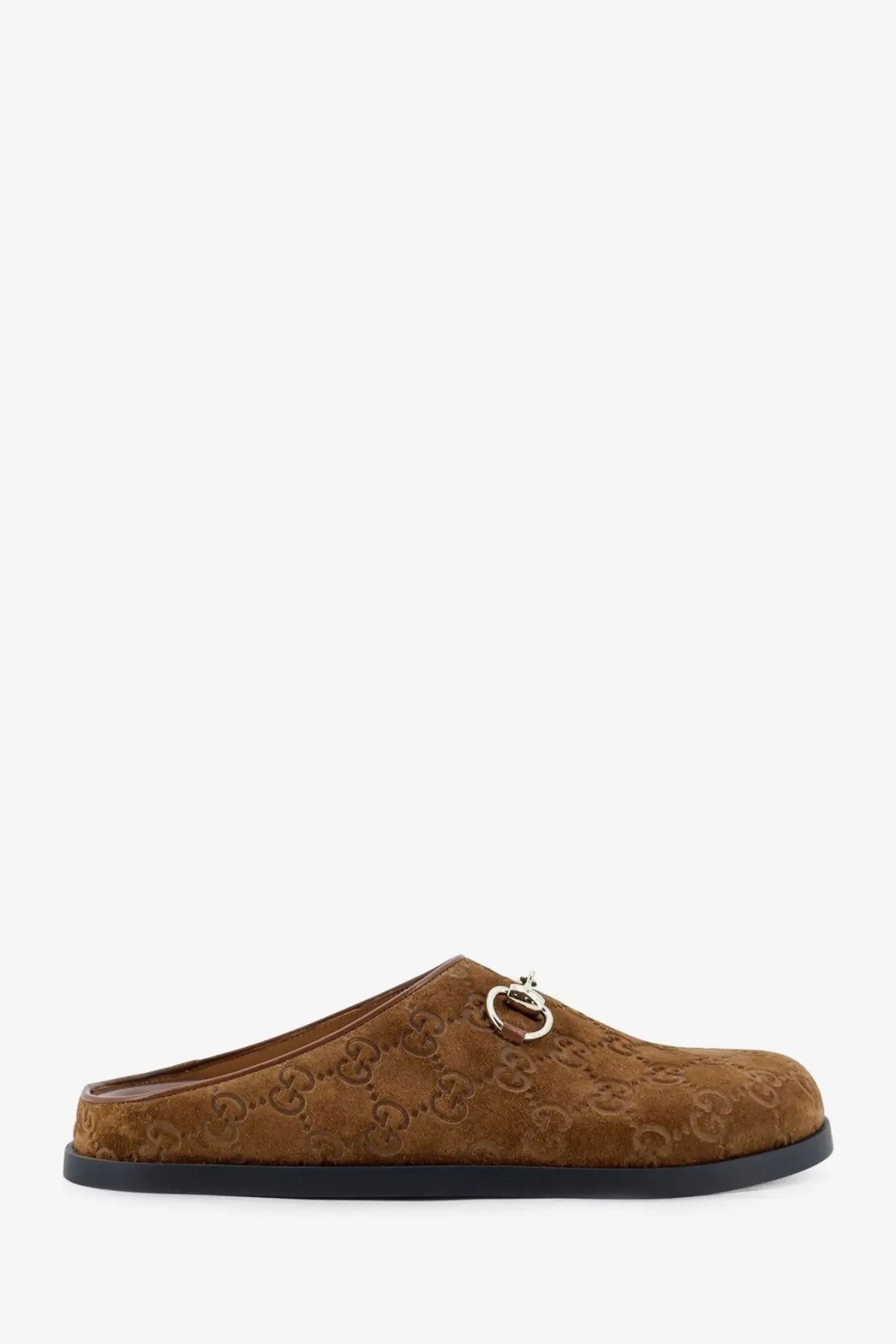 Gucci women’s grey suede slip-on mules with brown gg monogram pattern and metallic horsebit buckle