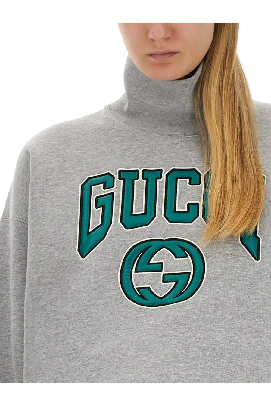 Gray Gucci women’s sweatshirt with teal embroidered logo and lettering in soft cotton blend fabric