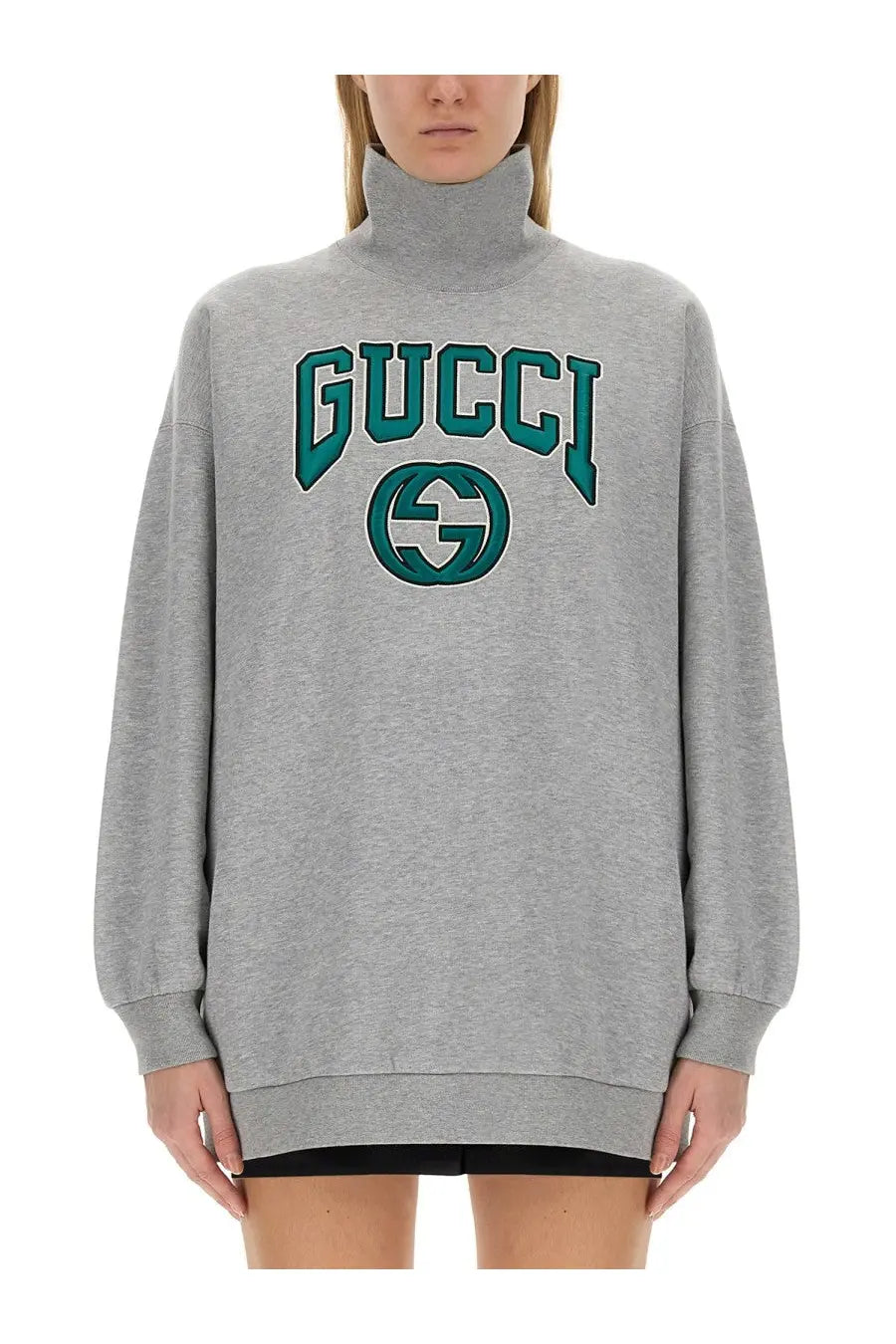 Gucci women’s grey sweatshirt with teal embroidered logo and lettering made from soft cotton material