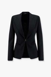 Gucci women’s technical wool blazer black with a sleek structured design and subtle sheen tailored for elegance