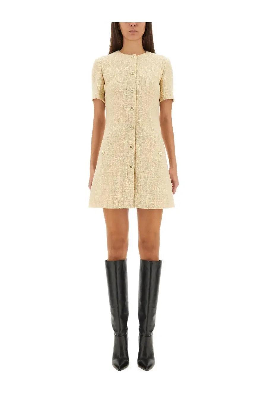 Cream-colored wool tweed mini dress by Gucci with short sleeves and front button closure in beige textured fabric