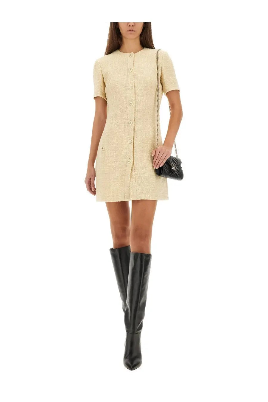 Gucci women’s cream-colored textured wool tweed dress with short sleeves and button-front design
