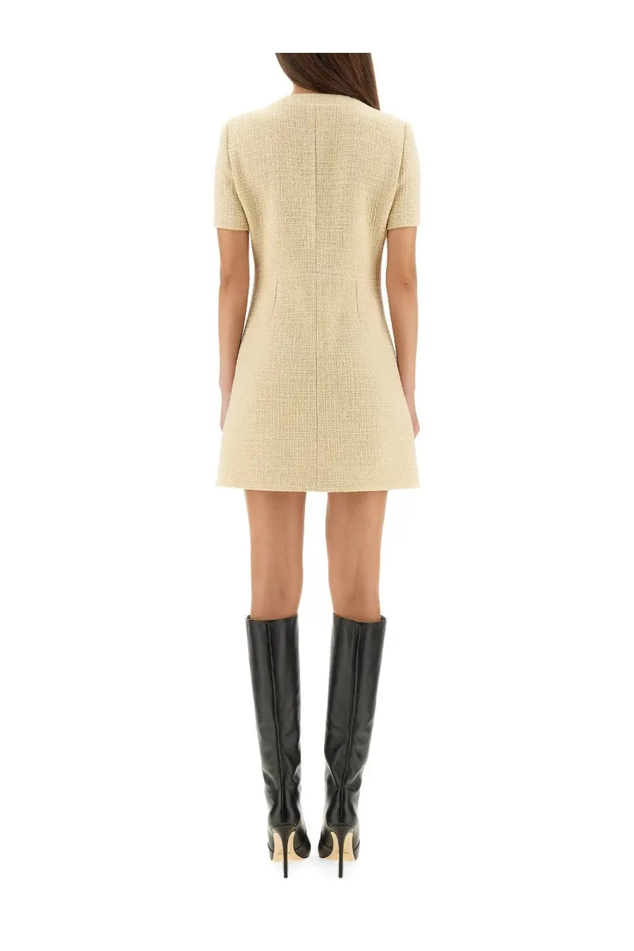 Gucci women’s beige textured wool tweed short-sleeved mini dress with a structured fit