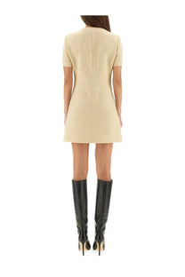Gucci women’s beige textured wool tweed short-sleeved mini dress with a structured fit
