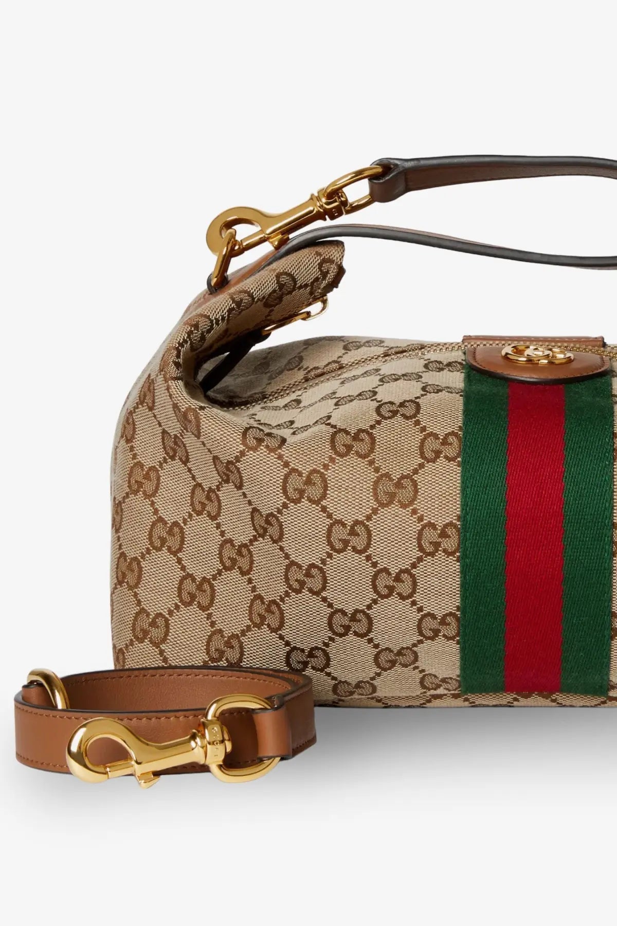 Gucci women’s beige and brown GG supreme canvas handbag with red green striped panel gold hardware and tan leather strap
