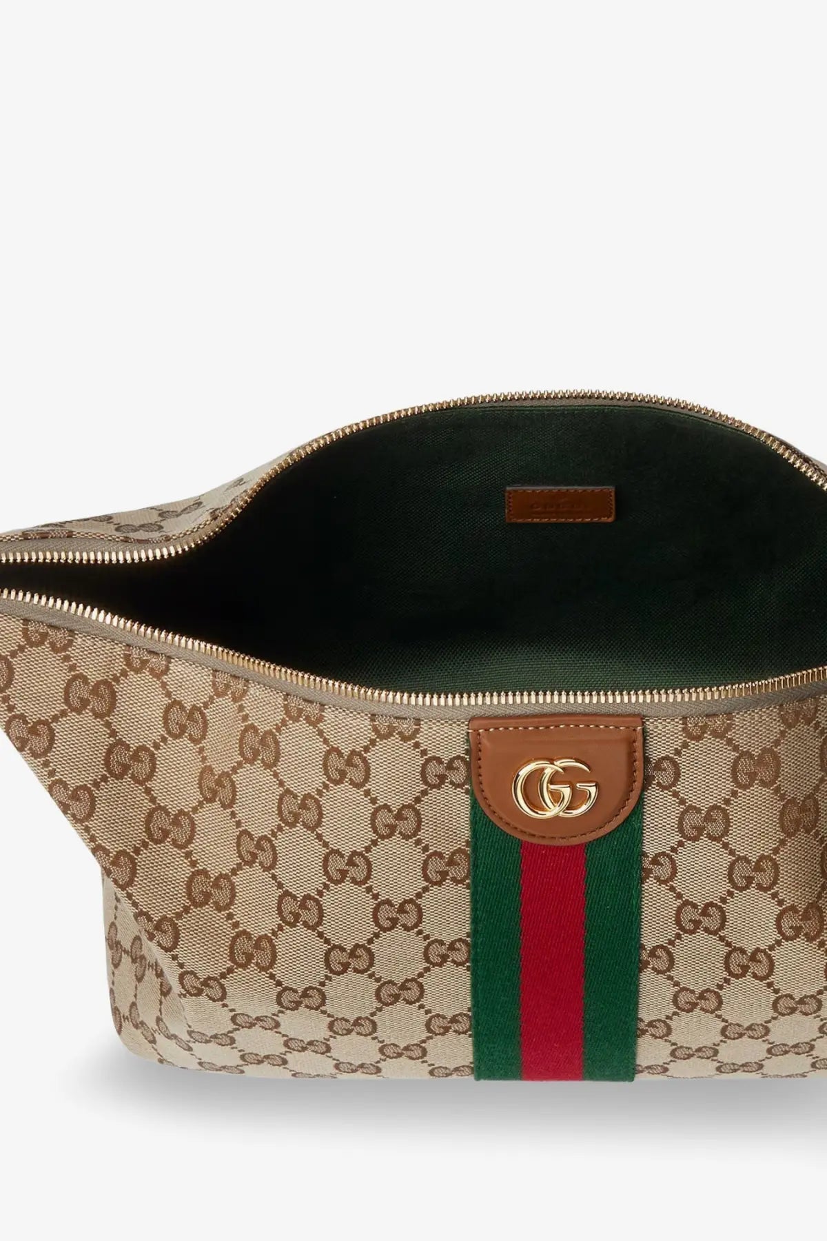 Beige and brown gucci gg supreme canvas toiletry bag with green and red striped leather and gold g logo for women