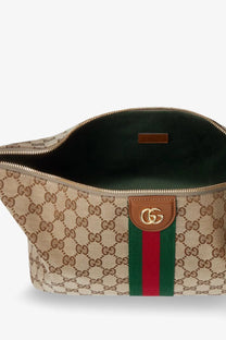 Beige and brown gucci gg supreme canvas toiletry bag with green and red striped leather and gold g logo for women