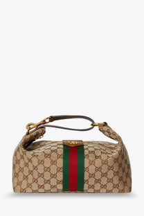 Beige gucci women’s gucci vanity gg fabric handbag with red and green striped webbing gold hardware and top handle