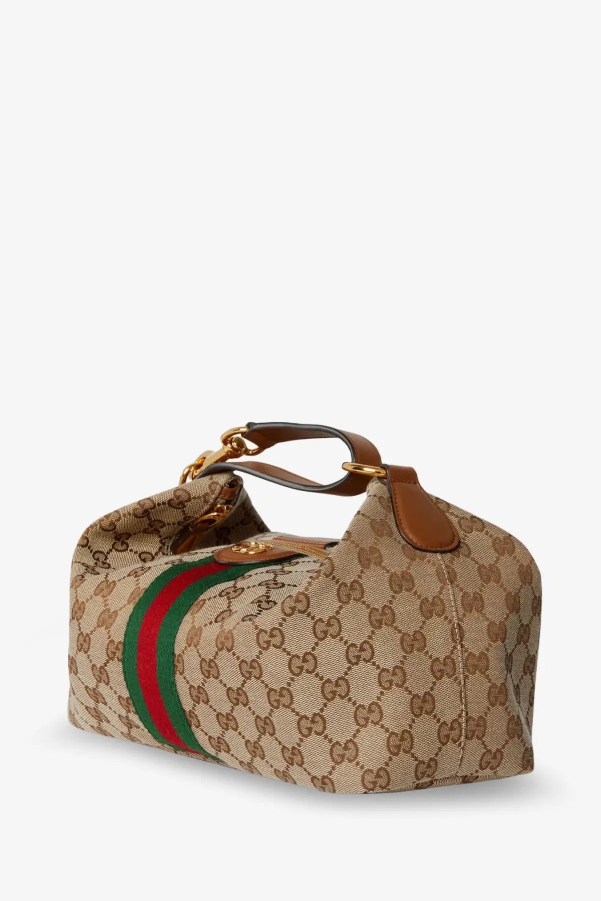 Beige Gucci women’s vanity handbag in GG supreme canvas with brown leather handles and signature red green web stripe