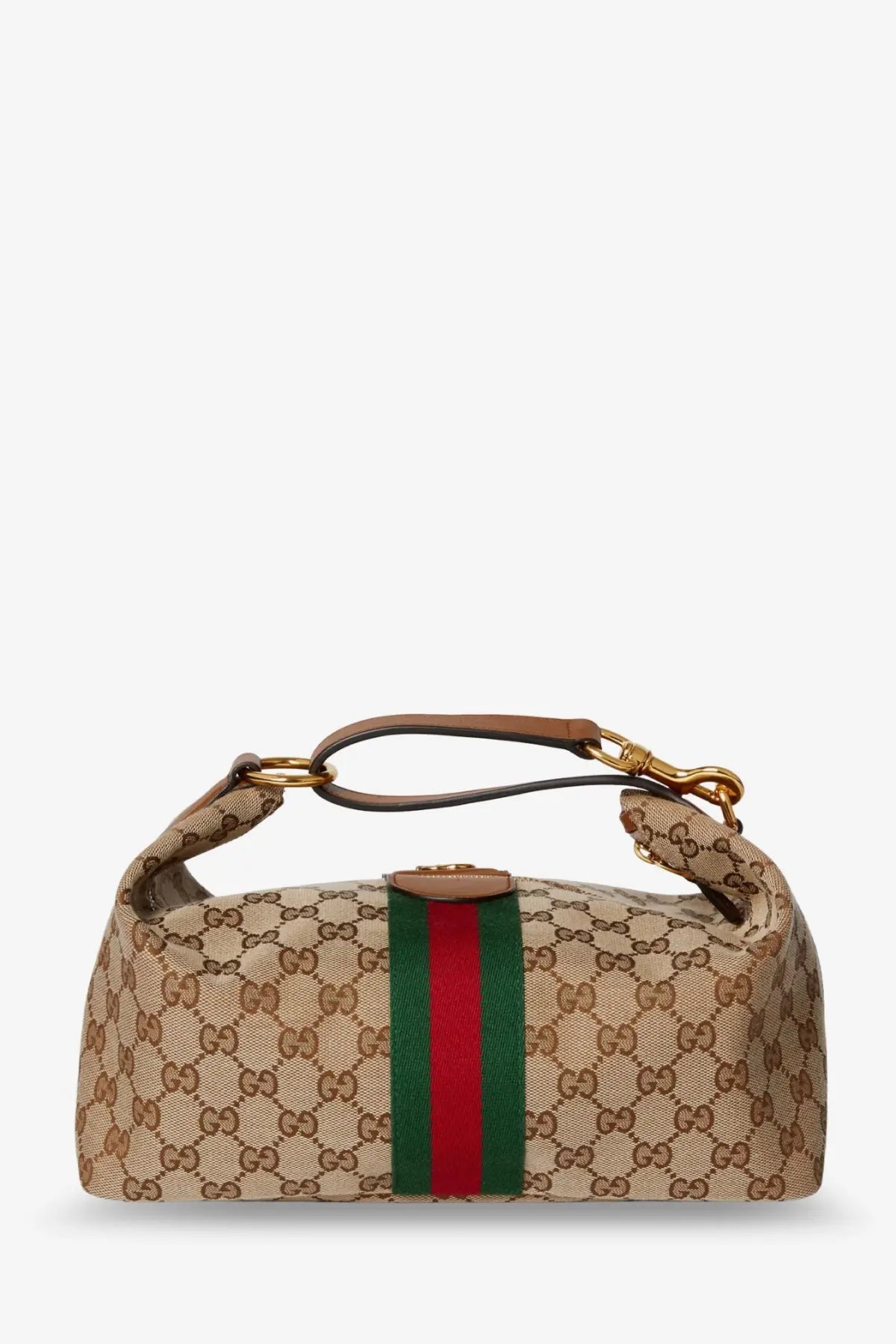 Beige Gucci women’s vanity GG fabric handbag with red and green webbing stripe brown leather handle and gold hardware