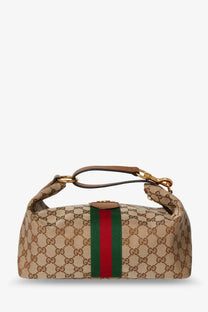 Beige Gucci women’s vanity GG fabric handbag with red and green webbing stripe brown leather handle and gold hardware