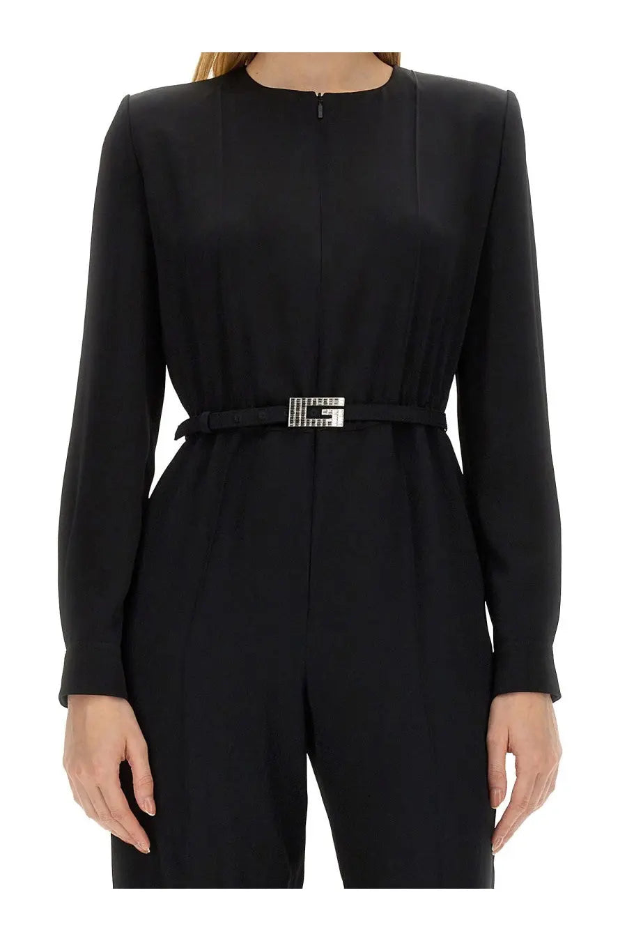 Black givenchy leather belt with silver diamond encrusted g buckle on gucci women’s viscose jumpsuit black