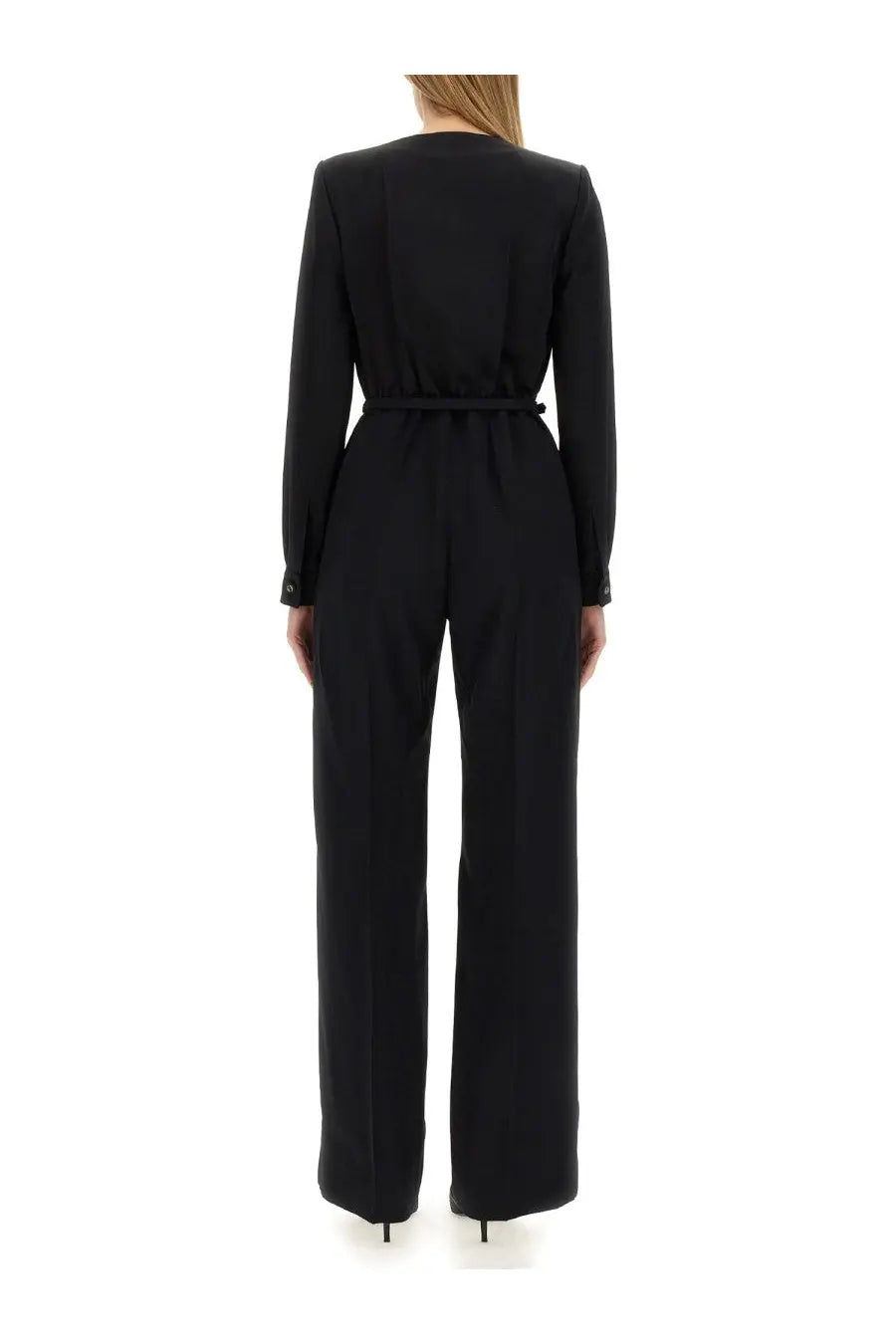 Gucci women’s black viscose jumpsuit with long sleeves belted waist and wide-leg pants for stylish comfort