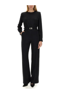 Gucci women’s black viscose long-sleeved jumpsuit with fitted waist and silver-toned belt buckle