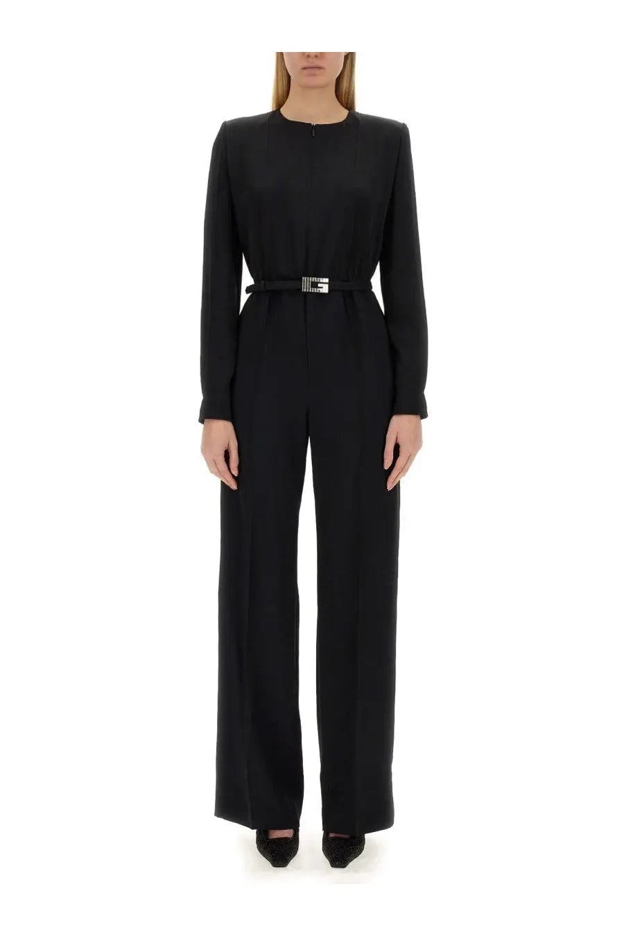 Gucci women’s black viscose tailored jumpsuit with structured silhouette, long sleeves, wide-leg pants, and silver belt