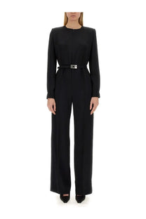Gucci women’s black viscose tailored jumpsuit with structured silhouette, long sleeves, wide-leg pants, and silver belt