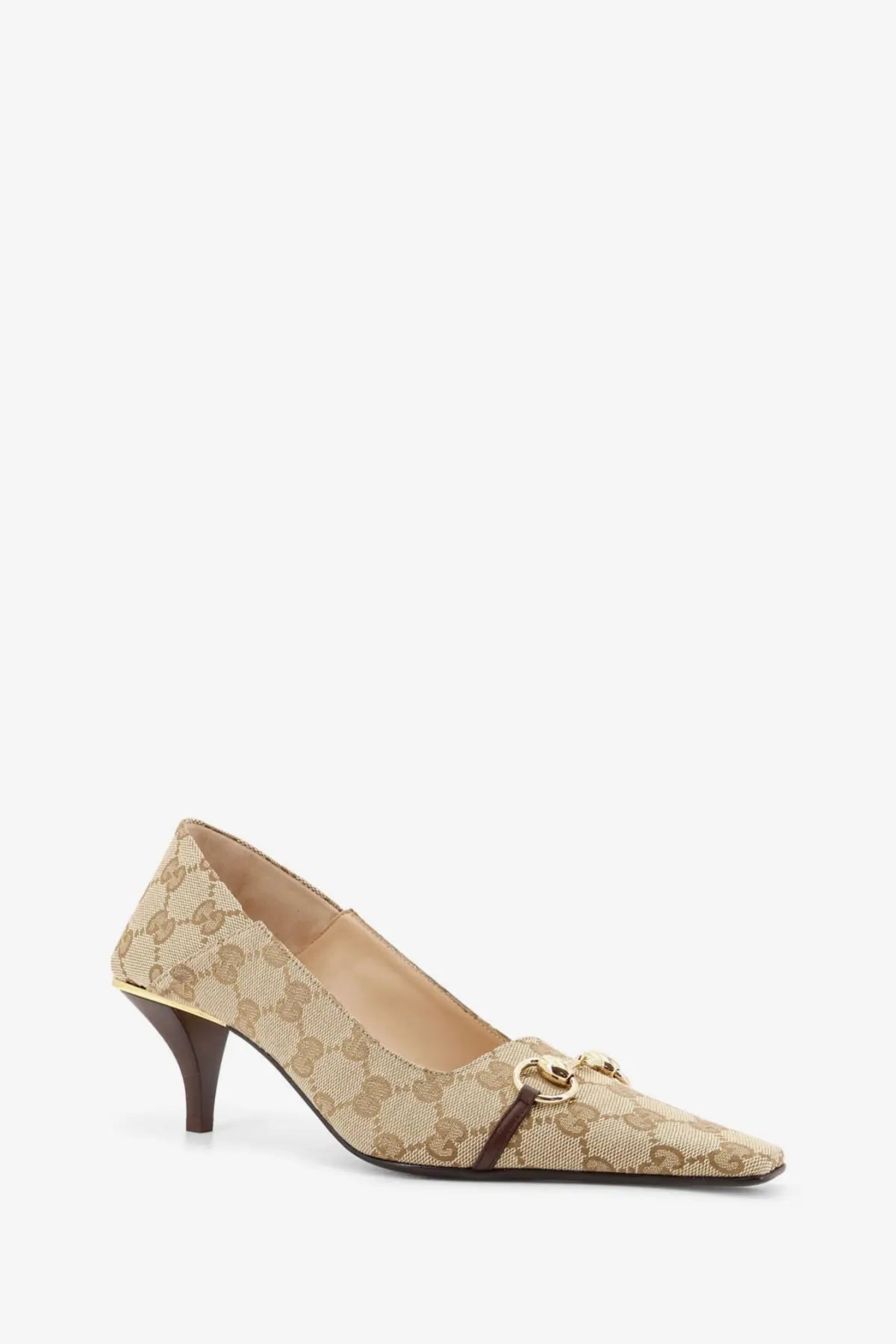 Gucci women’s Vittoria beige and brown GG supreme canvas pumps with gold-tone horsebit buckle