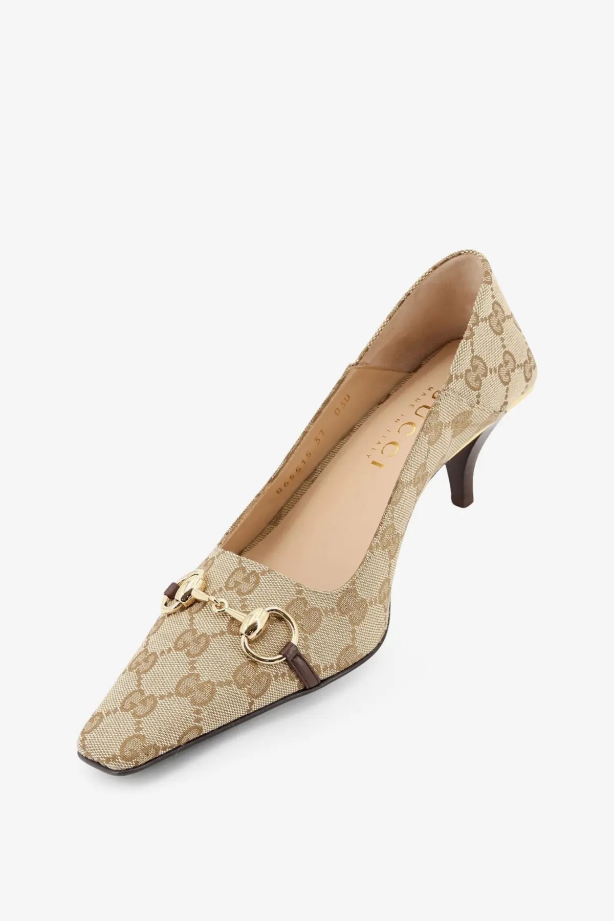 Beige gucci women’s vittoria gg fabric pump with tan and brown monogram canvas upper gold-tone horsebit buckle and dark heel