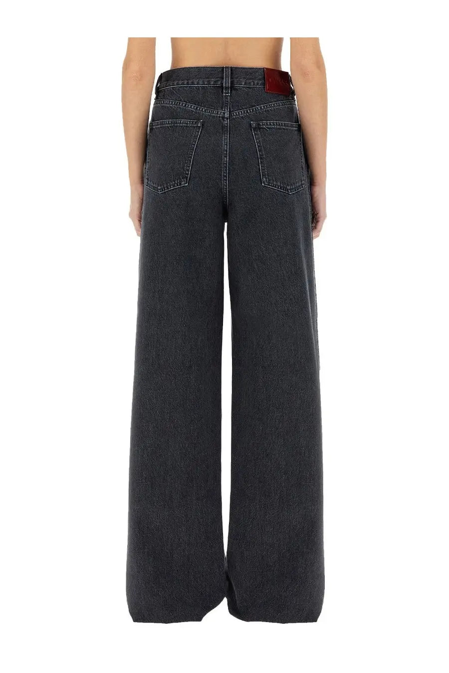 Gucci women’s wide leg denim pants in dark gray with a red leather belt loop at the waistband