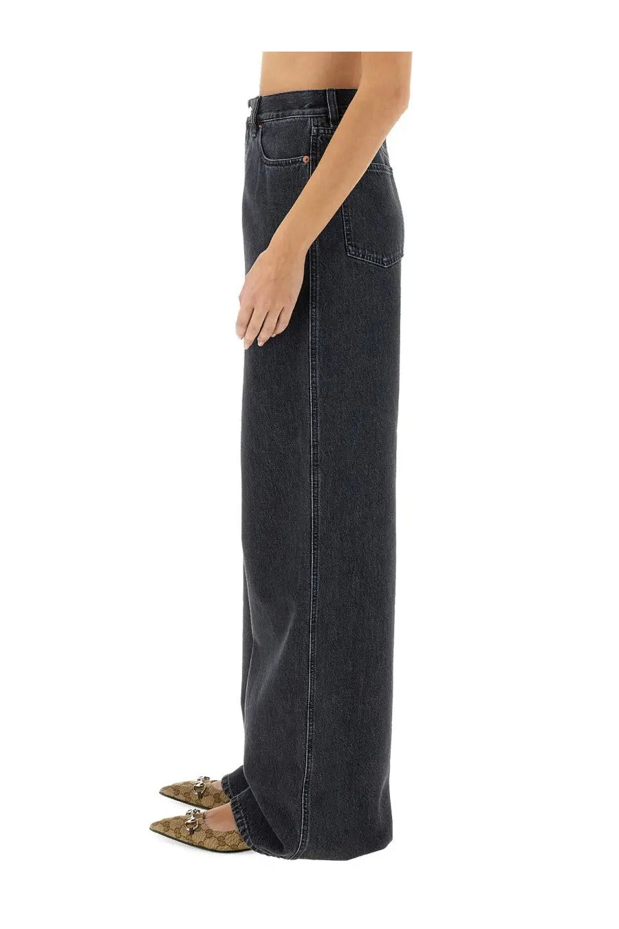 Gucci women’s grey high-waisted wide-leg denim pants with straight cut and classic five-pocket design