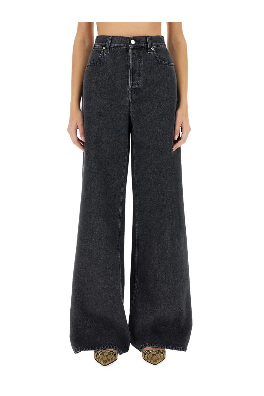 Gucci women’s high-waisted grey denim wide-leg pants with straight cut and classic five-pocket design