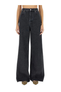 Gucci women’s high-waisted grey denim wide-leg pants with straight cut and classic five-pocket design
