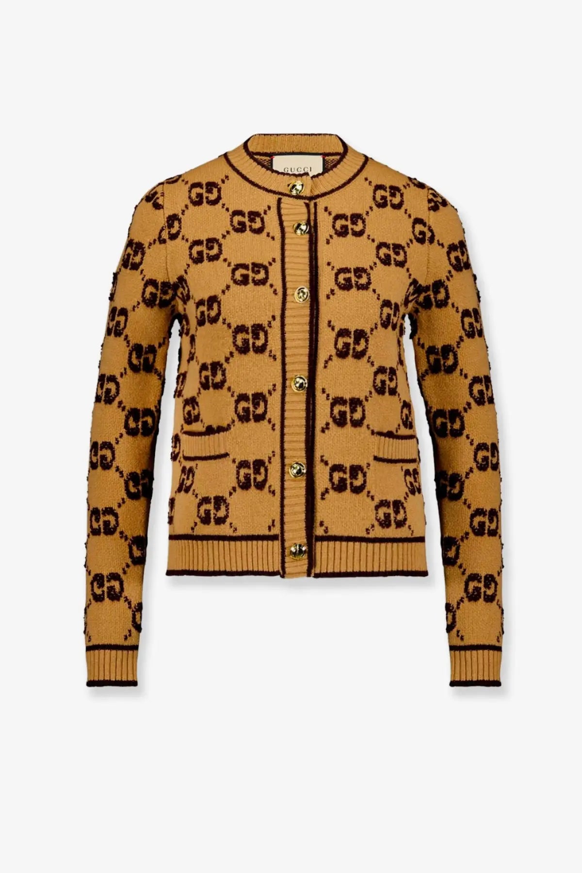 Gucci women’s wool cardigan beige in mustard yellow with black gg monogram pattern and gold tone buttons