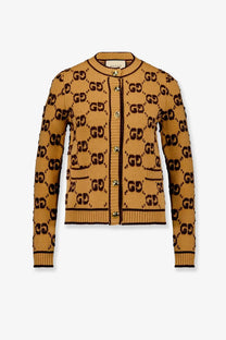 Gucci women’s wool cardigan beige in mustard yellow with black gg monogram pattern and gold tone buttons