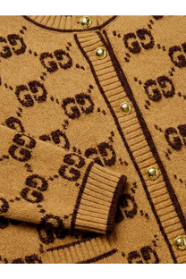 Gucci women’s wool cardigan beige tan with dark brown interlocking G logo pattern and gold tone buttons