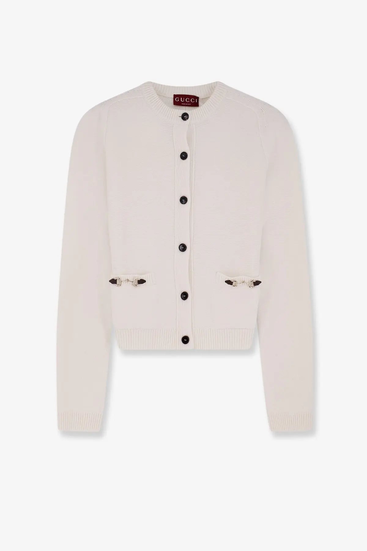 Cream-colored Gucci women’s wool and cashmere knit cardigan with black buttons and metallic hardware pockets