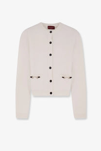 Cream-colored Gucci women’s wool and cashmere knit cardigan with black buttons and metallic hardware pockets