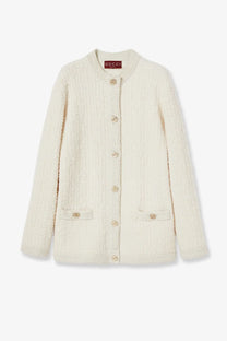 Cream-colored Gucci women’s wool and cotton blend cardigan with matching buttons and front pockets in tweed design