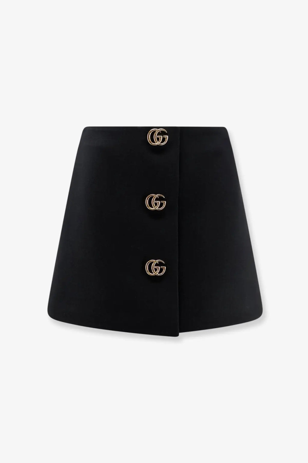 Black Gucci women’s wool crepe mini skirt with three gold-tone interlocking g buttons down the front