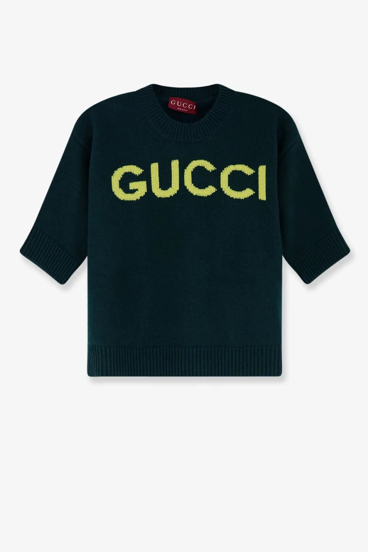 Gucci women’s green wool sweater with bold textured yellow gucci lettering across the chest