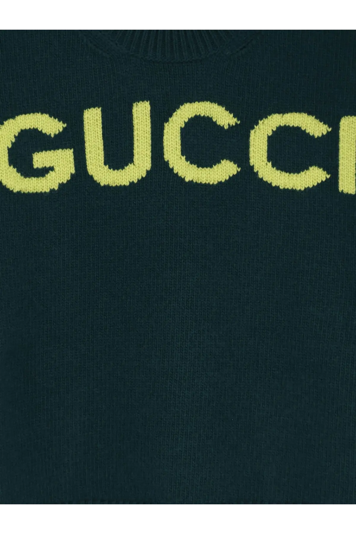 Gucci women’s dark green wool knit sweater with bold neon yellow lettering across the chest