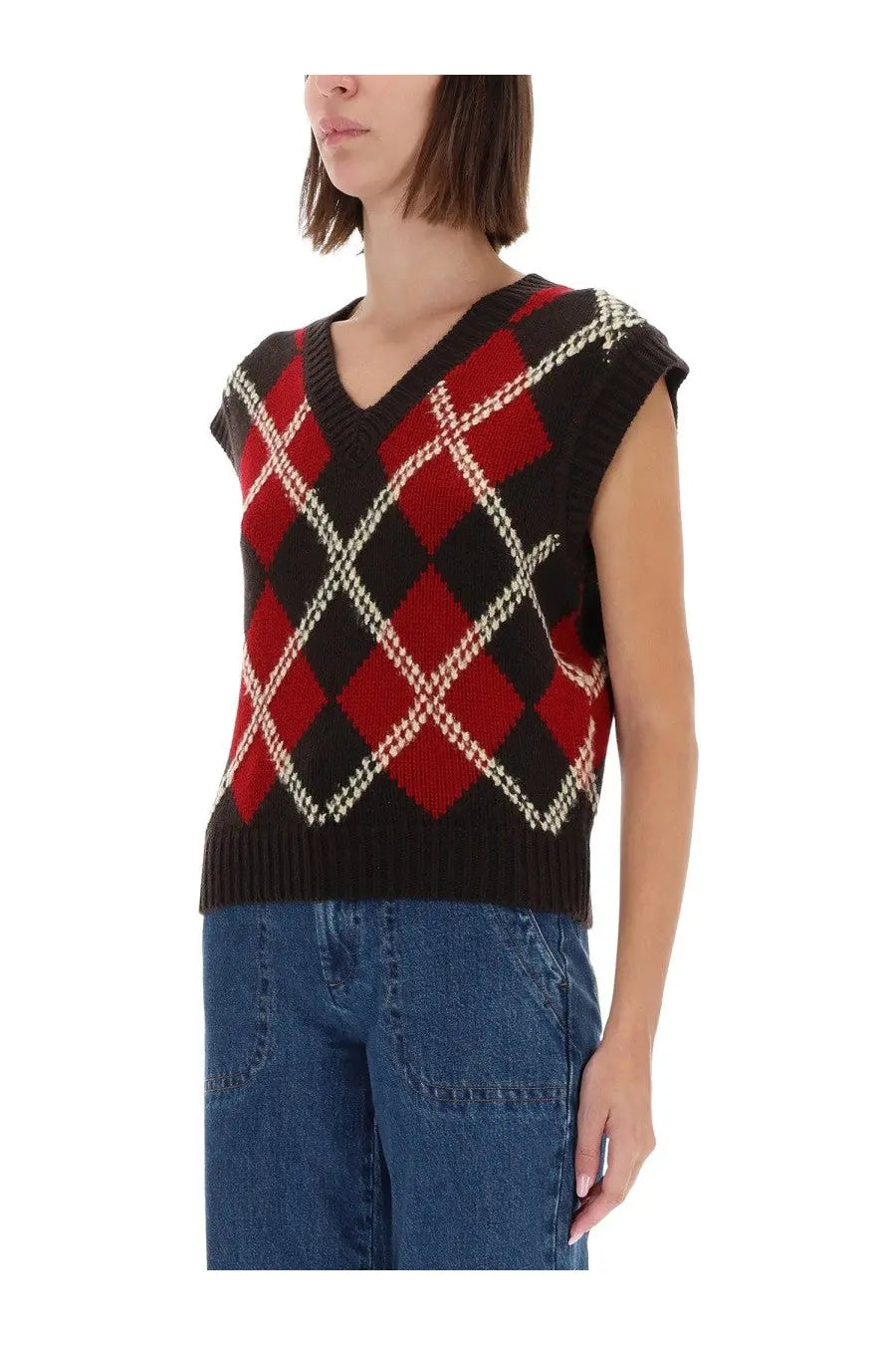 Guest in residence women’s argyle vest in black red and cream knit sleeveless sweater with classic pattern