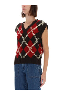Guest in residence women’s argyle vest in black red and cream knit sleeveless sweater with classic pattern