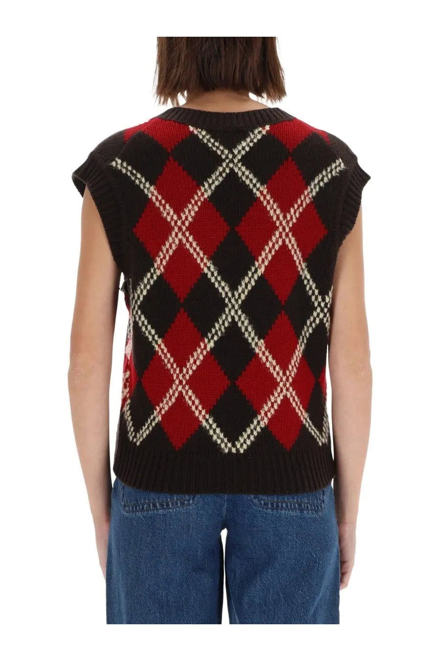 Guest in residence women’s argyle vest multicolor black and red knit sleeveless sweater with white diamond outlines