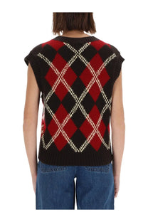 Guest in residence women’s argyle vest multicolor black and red knit sleeveless sweater with white diamond outlines