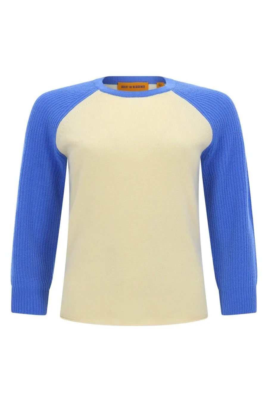 Guest in residence women’s baseball shirt with cream body royal blue ribbed raglan sleeves and soft knit fabric