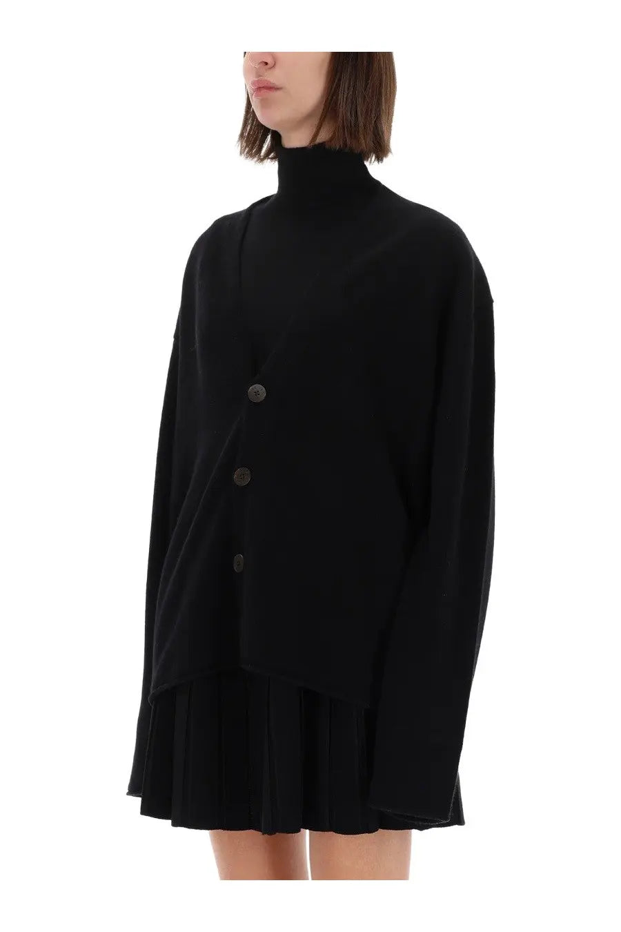 Guest in residence women’s everywear oversized black knit cardigan with asymmetrical front and three dark buttons