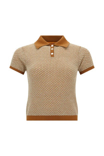 Guest In Residence women’s knitted polo beige with brown pattern short sleeves collar and three-button placket