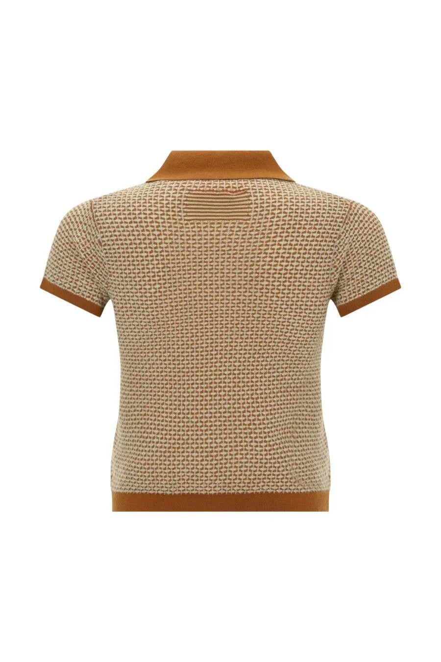 Guest In Residence women’s knitted polo beige short-sleeved top with a textured beige and brown patterned design