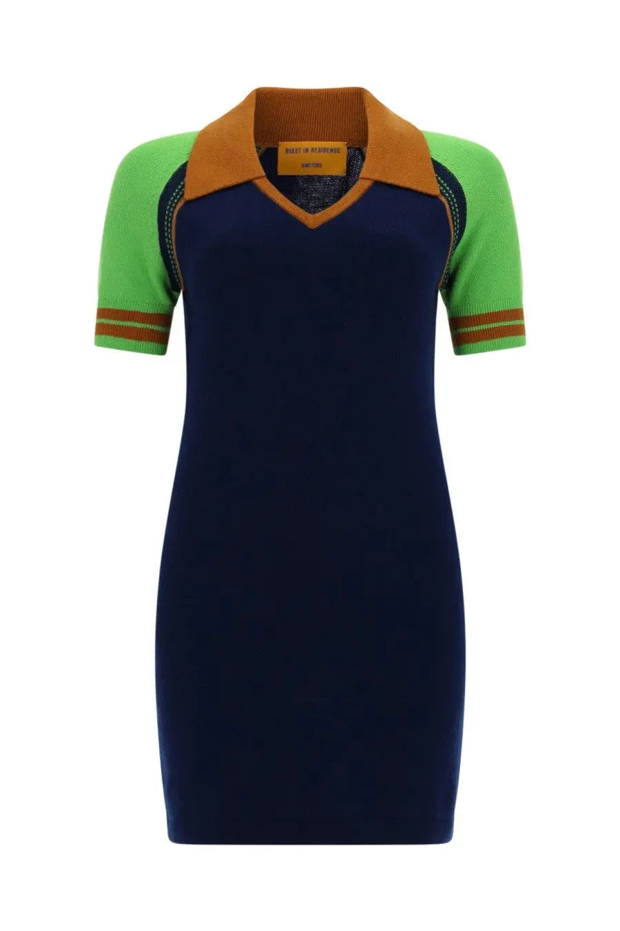 Guest In residence women’s mini dress in navy blue knit with orange collar green sleeves and brown cuff stripes