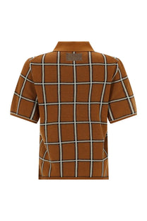 Guest in residence women’s picnic plaid shirt brown with brown and white checkered short sleeves textured knit fabric