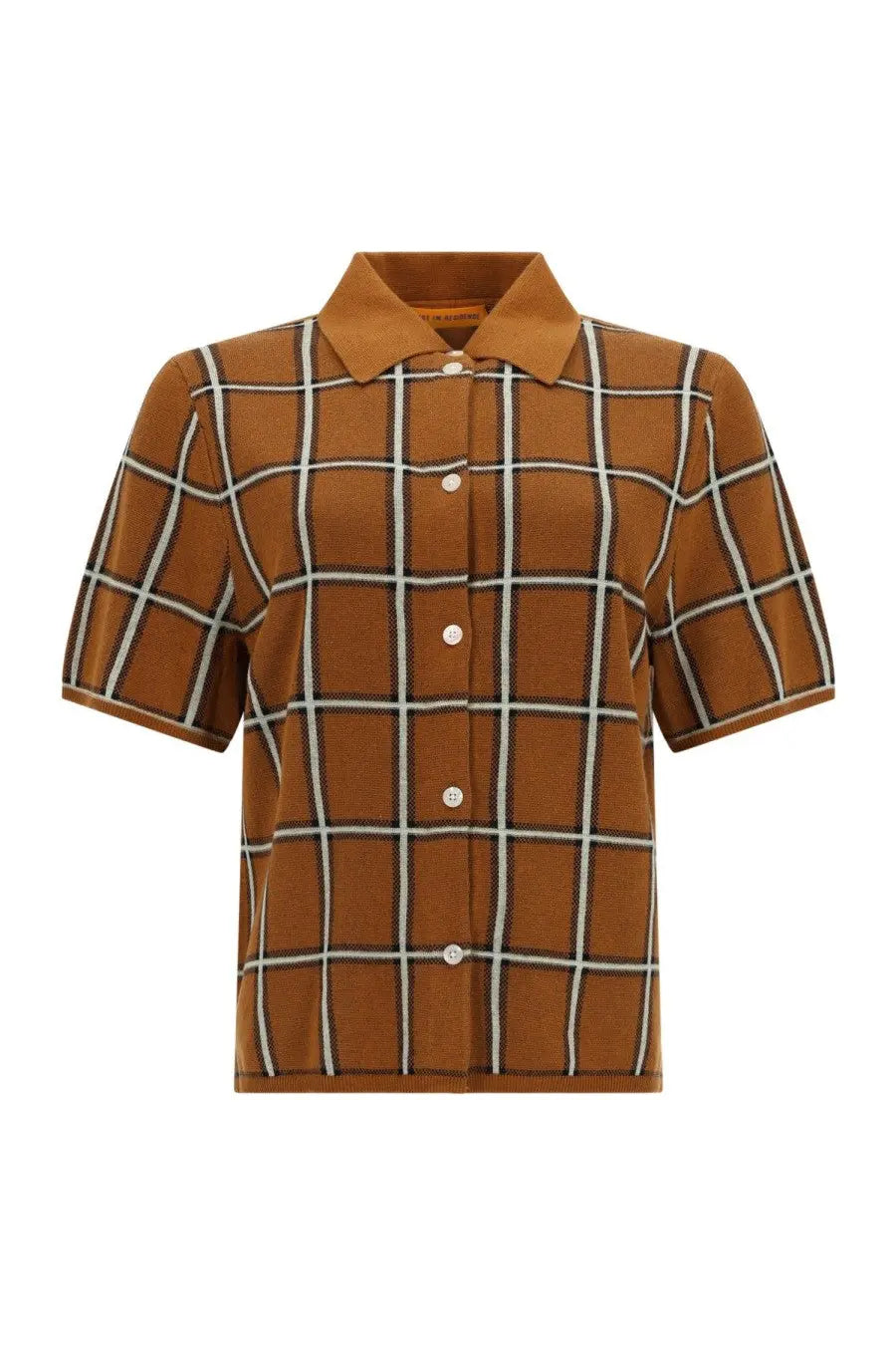 Guest In residence women’s short-sleeved brown and white plaid button-up cotton shirt with collar for casual wear