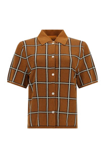 Guest In residence women’s short-sleeved brown and white plaid button-up cotton shirt with collar for casual wear