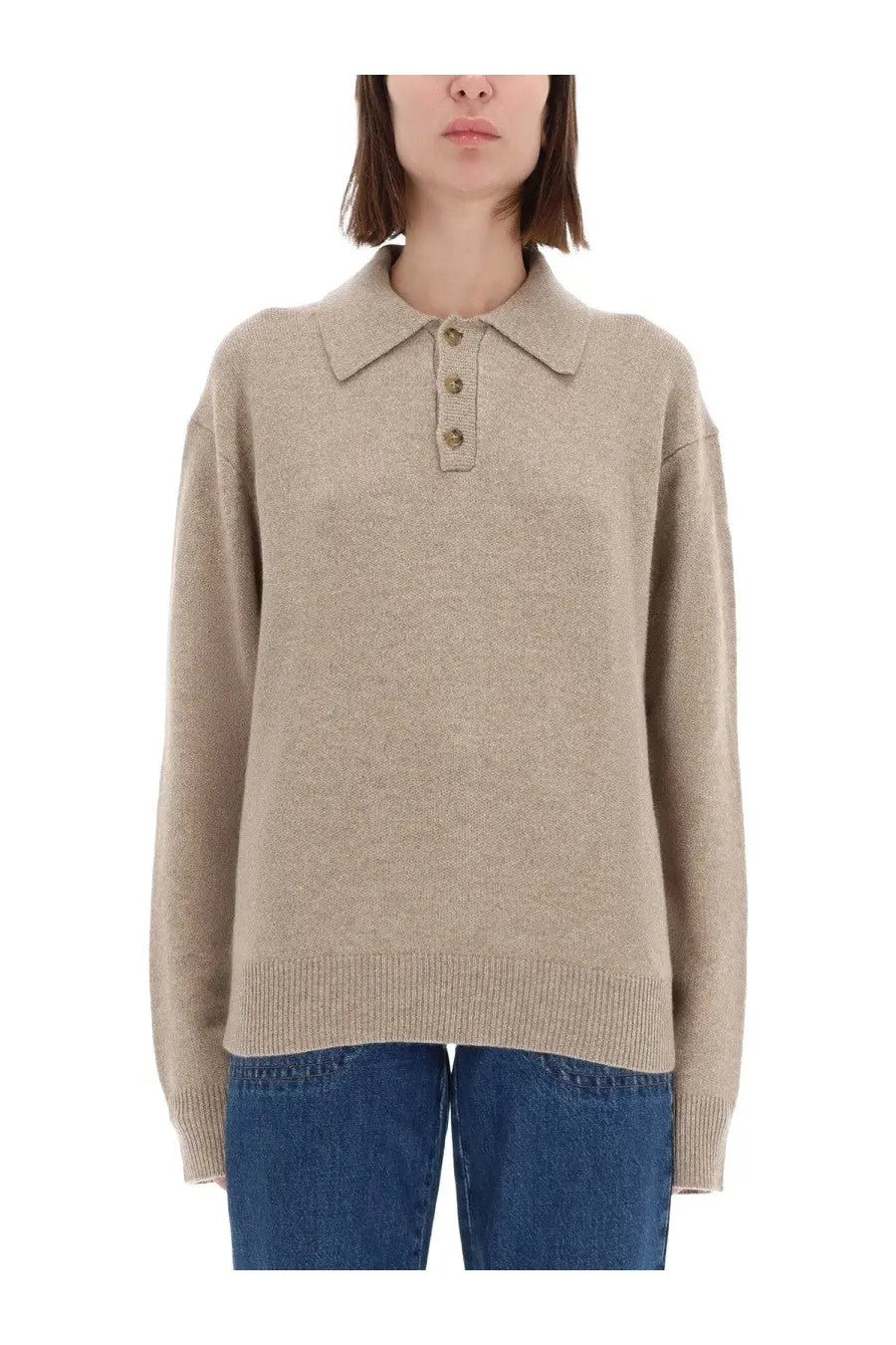 Guest in Residence women’s beige knit polo sweater with classic collar and three matching buttons