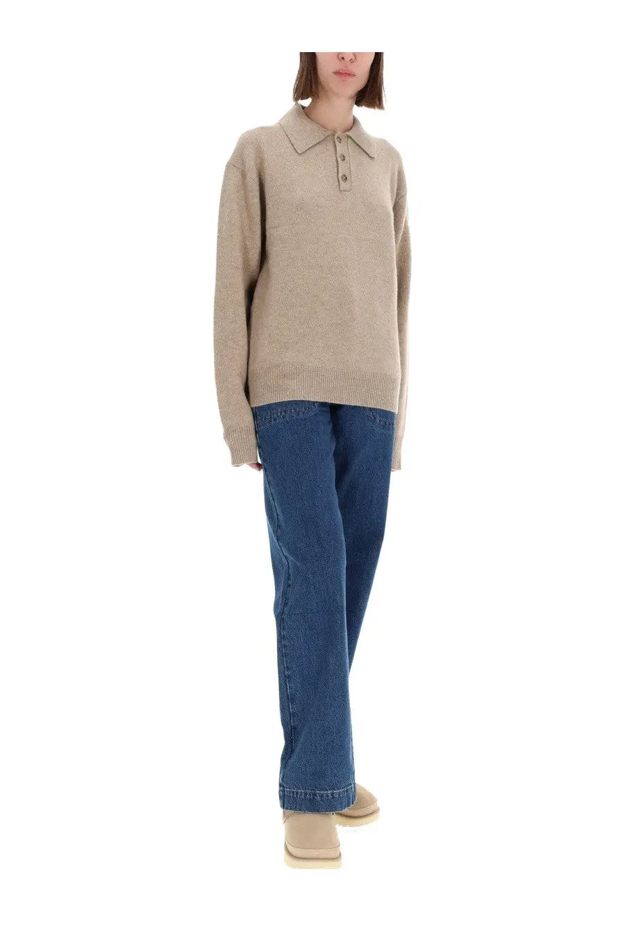 Beige knit polo sweater with classic collar and three-button placket from Guest In Residence womens polo allday beige collection